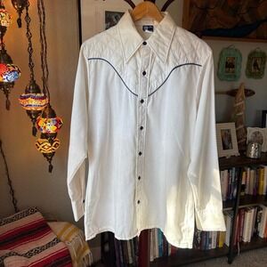Vintage 1970s Western Button-Down Shirt Navy Buttons‎ Embroidered Yoke